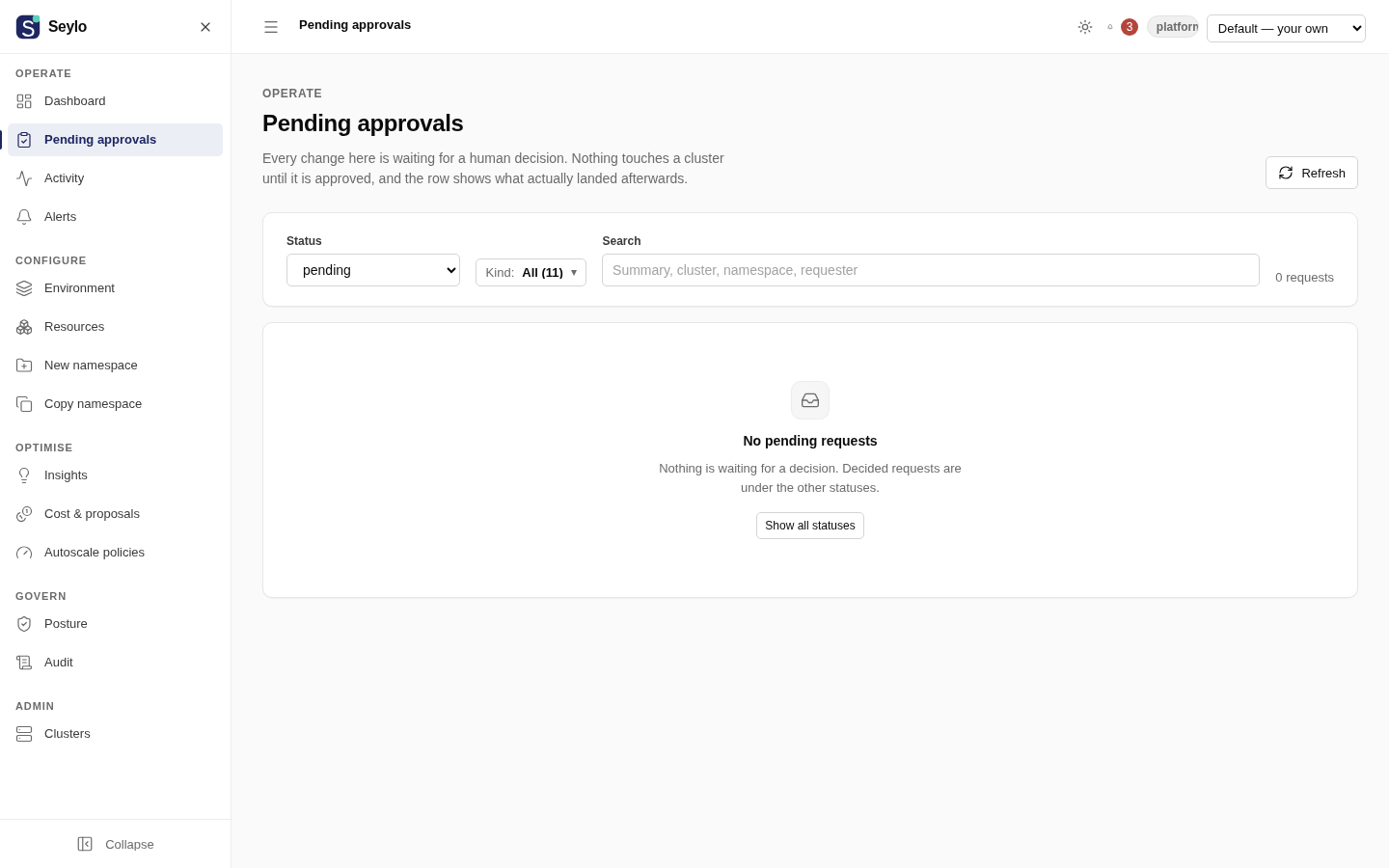 Seylo approvals queue in the light theme: a pending release rendered with its diff and safety argument.