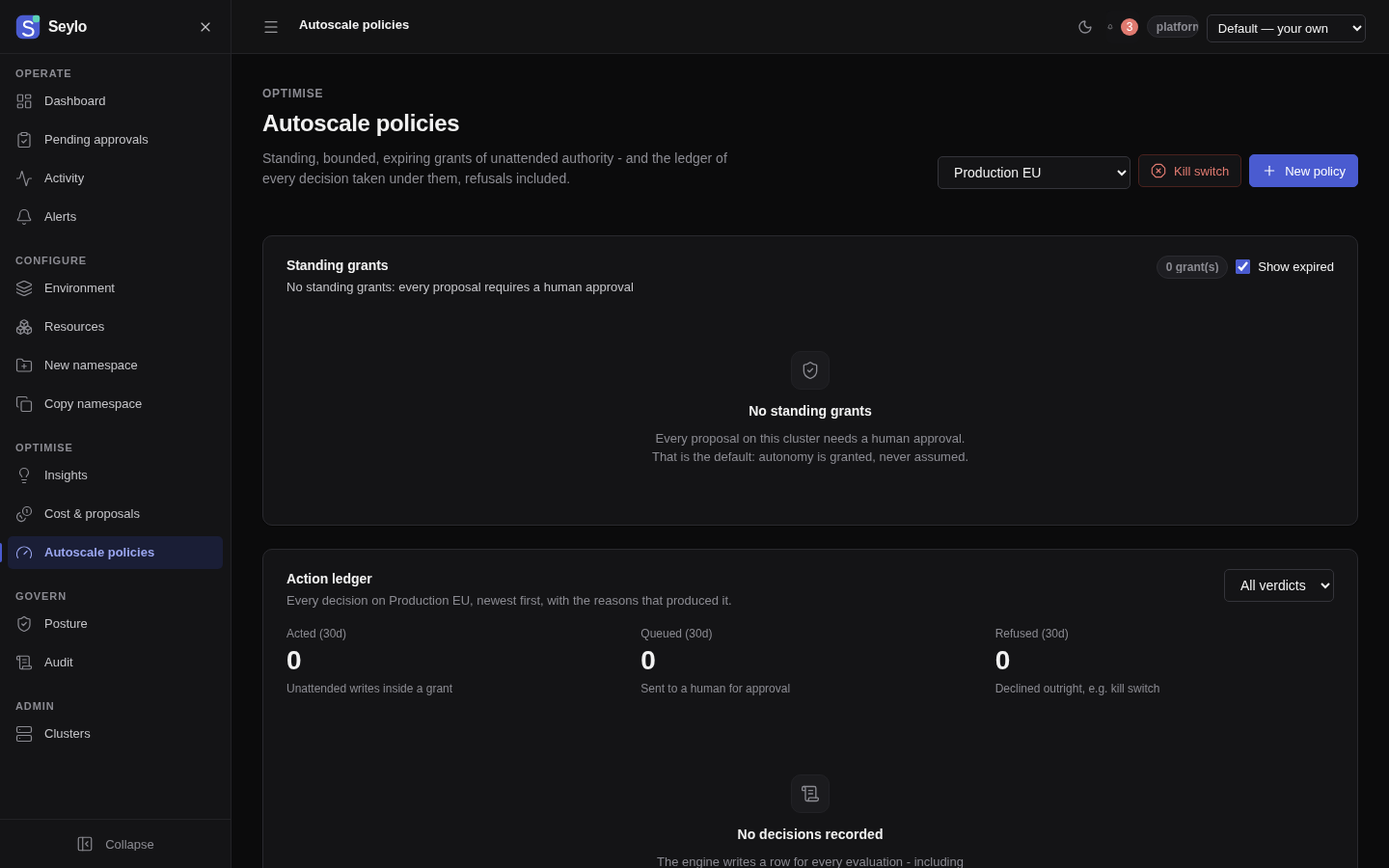 Seylo autoscale policies in the dark theme: a bounded, expiring envelope with its rate limit and kill switch.