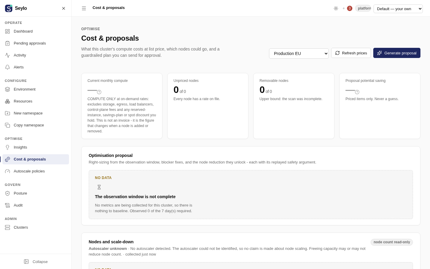 Seylo cost and proposals in the light theme: a right-sizing plan with per-item savings and the list of refusals.