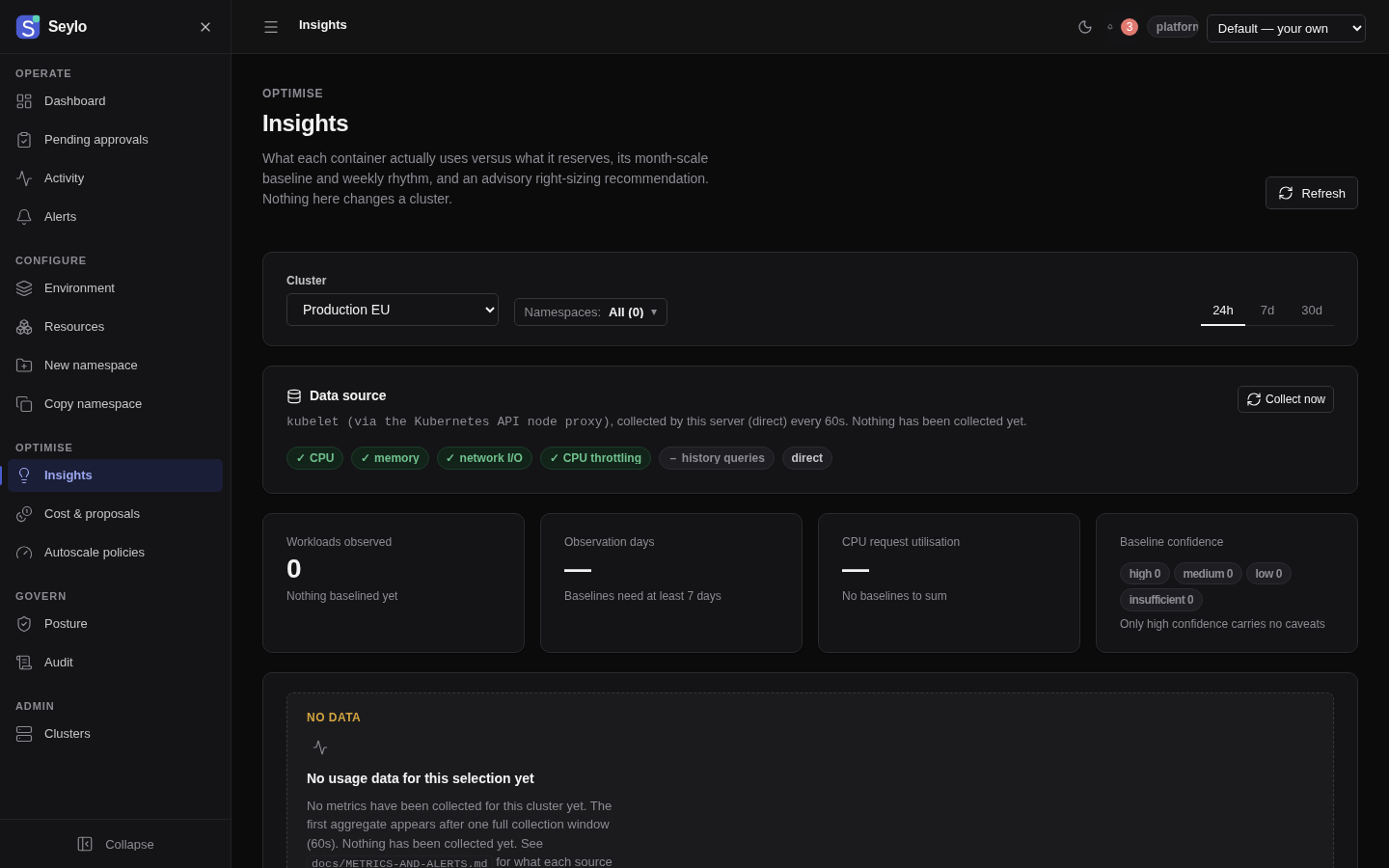 Seylo insights in the dark theme: 30-day baselines, hour-of-week seasonality and trend per container.