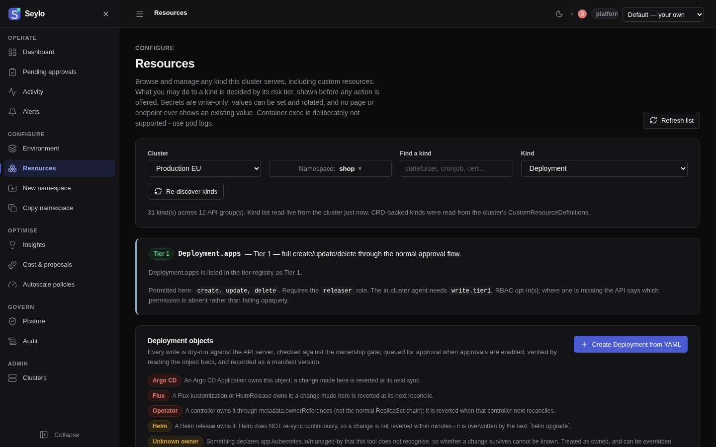 Seylo resource browser in the dark theme: generic Kubernetes resources grouped by risk tier.